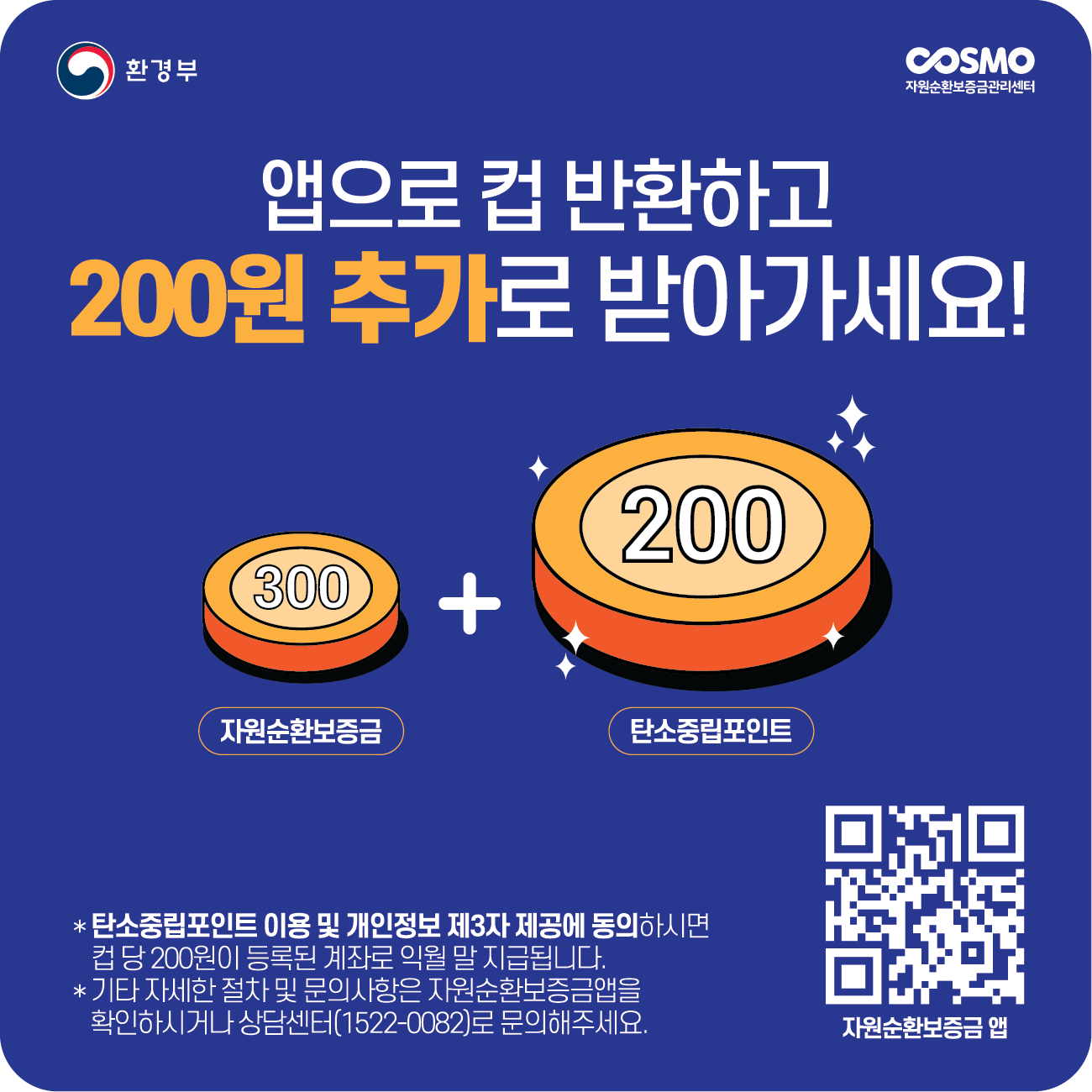 환경부 cosmo 자원순환보증금관리센터

앱으로 컵 반환하고 200원 추가로 받아가세요!
300(자원순환보증금) + 200(탄소중립포인트)

*탄소중립포인트 이용 및 개인정보 제3자 제공에 동의하시면 컵 당 200원이 등록된 계좌로 익월 말 지급됩니다. 
*기타 자세한 절차 및 문의사항은 자원순환보증금앱을 확인하시거나 상담센터(1522-0082)로 문의해주세요.

QR이미지(자원순환보증금 앱)