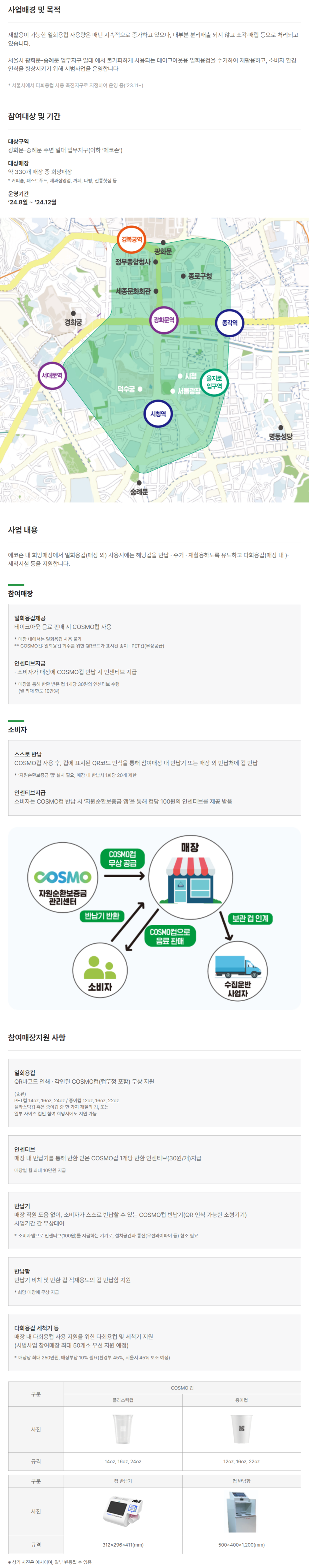 서울시 일회용컵 회수 시범사업 안내. 자세한 내용은 아래 참고